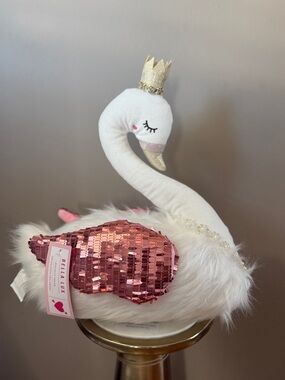 Bella Lux White & Pink Sequin Swan Plush with Gold Crown - NWT